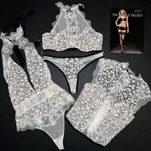 Victoria's Secret 34D BRA SET+thong+34C,36C CORSET+TEDDY IVORY BLACK white lace